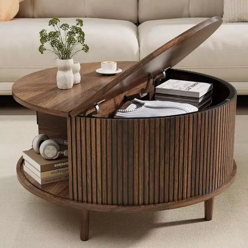 Table Basse Ronde avec Rangement NAYSAYE, Table Centrale Cannelée de 80 cm pour Salon, Table d'Appoint Circulaire Moderne en Noyer pour Petit Espace