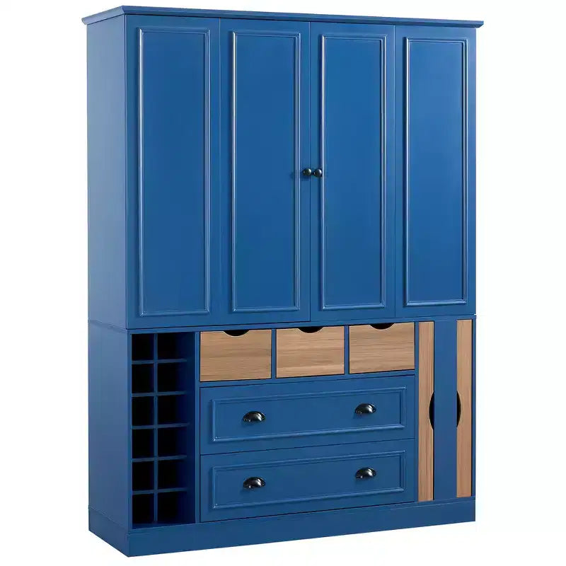 Armoire de cuisine autoportante haute Whisen 71, grand buffet de rangement pour salle à manger avec 4 portes pliantes, étagères et casiers à vin