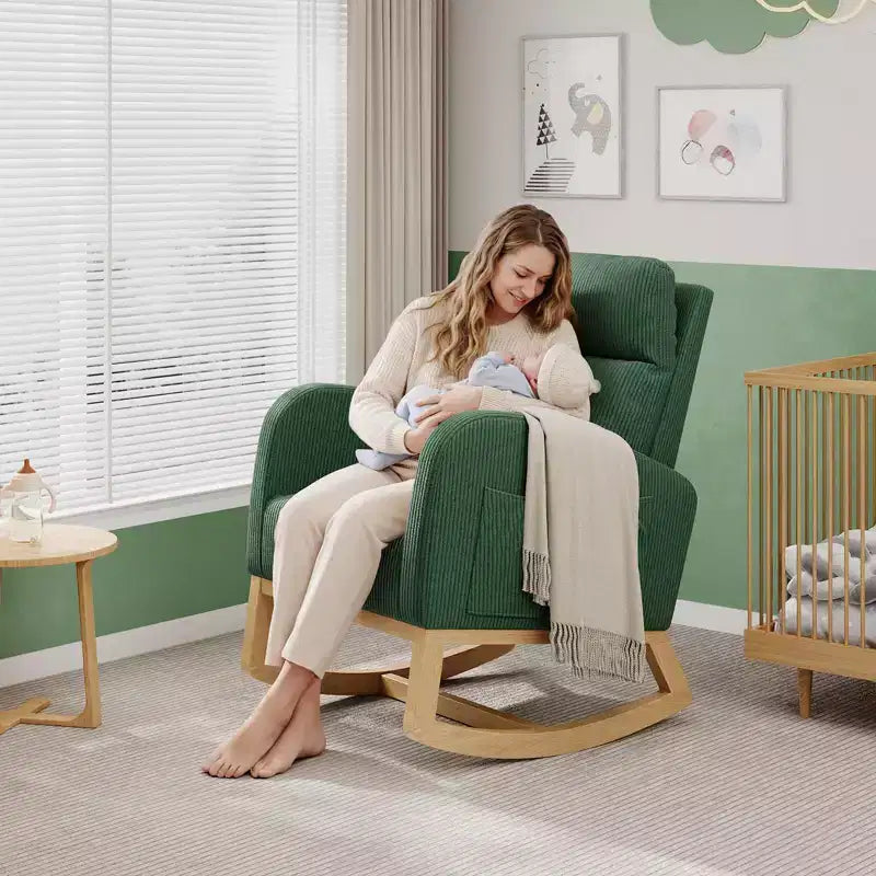 Fauteuil à bascule moderne avec oreiller et poches latérales, pour salon, chambre à coucher