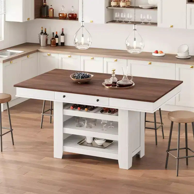 Îlot de cuisine de 60 pouces avec rangement, table îlot fixe de style ferme à 4 niveaux avec grand plan de travail pour la cuisine, la salle à manger, le salon