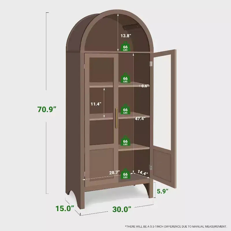 Meuble de rangement haut cintré de 71 po avec 2 portes en acrylique et étagères pour salon