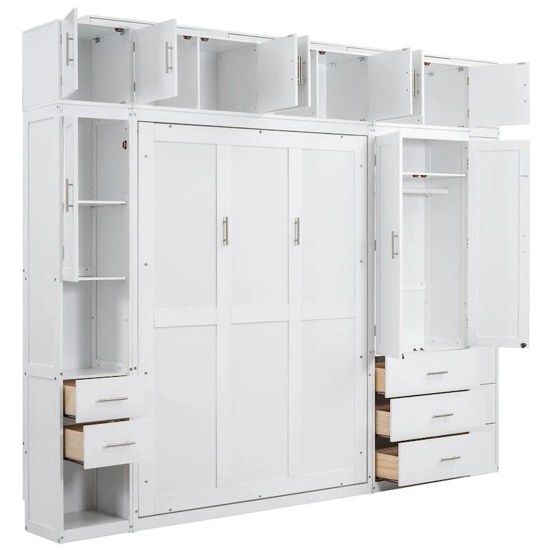 Lit escamotable moderne blanc pleine grandeur avec tiroirs, casiers et armoires