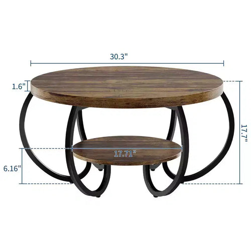 Table basse industrielle ronde de 30 pouces à 2 niveaux avec pieds réglables, étagère à grain de bois, motif flamme, assemblage facile, salon