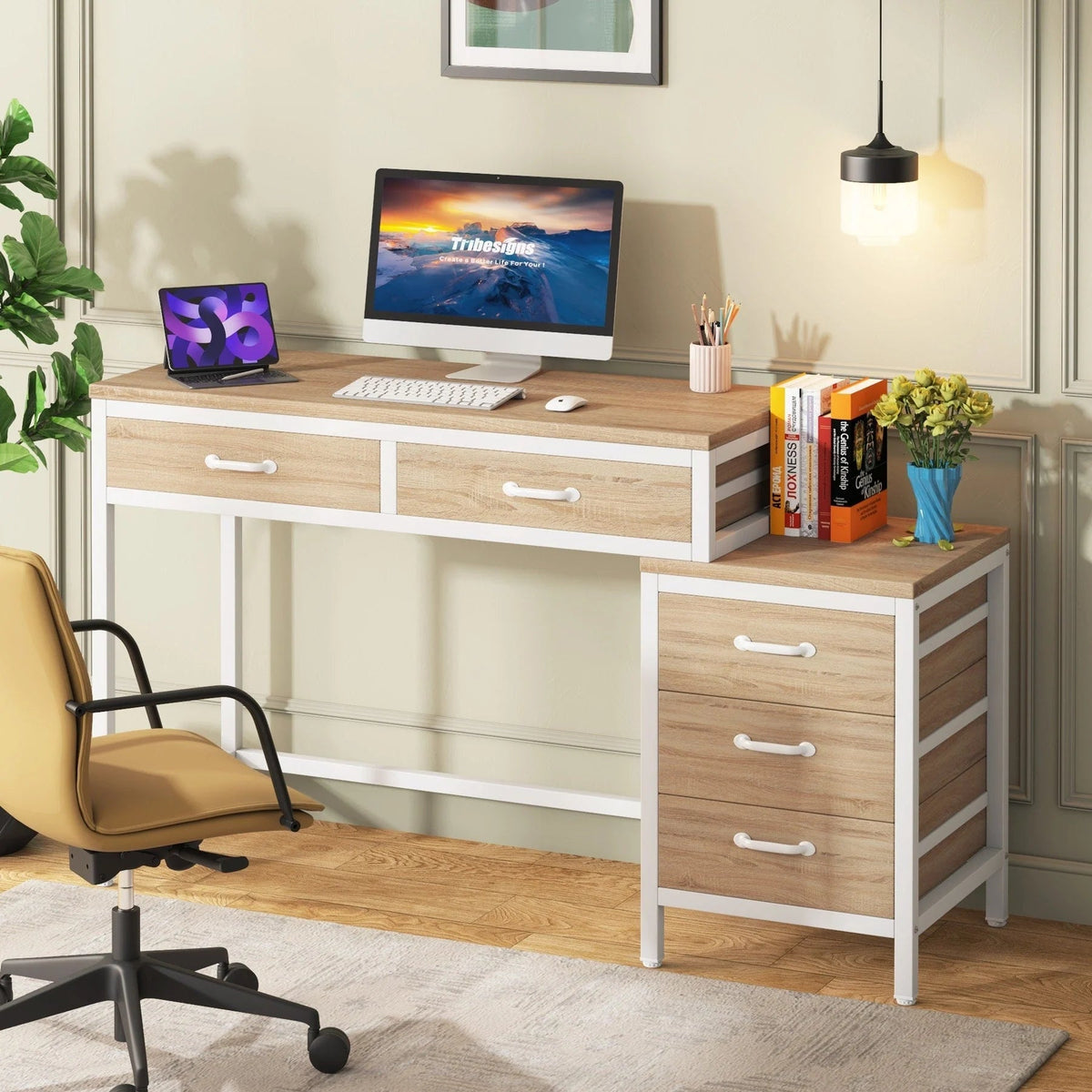 Bureau d'ordinateur réversible avec 5 tiroirs, bureau de travail à domicile avec caisson de rangement pour dossiers et support pour imprimante