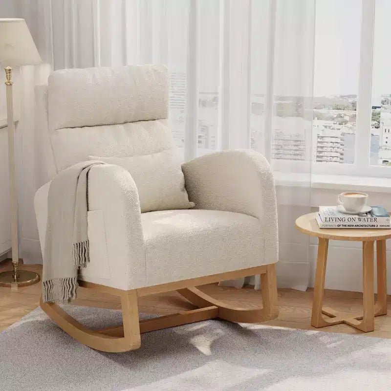 Fauteuil à bascule moderne avec oreiller et poches latérales, pour salon, chambre à coucher