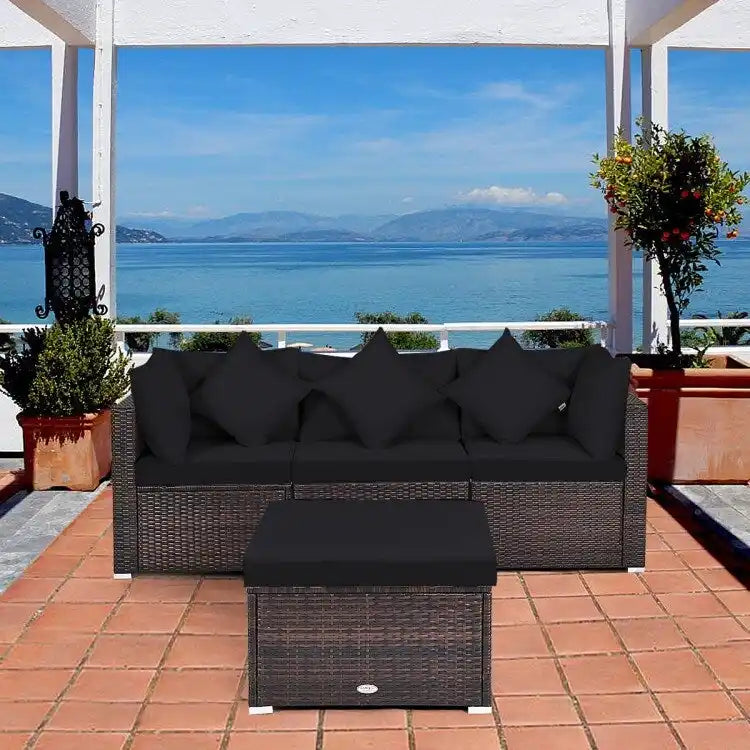 Ensemble de meubles de patio en rotin 4 pièces avec coussins et oreillers amovibles – Canapé d'angle : 73,7 x 73,7 x 63,5 cm
