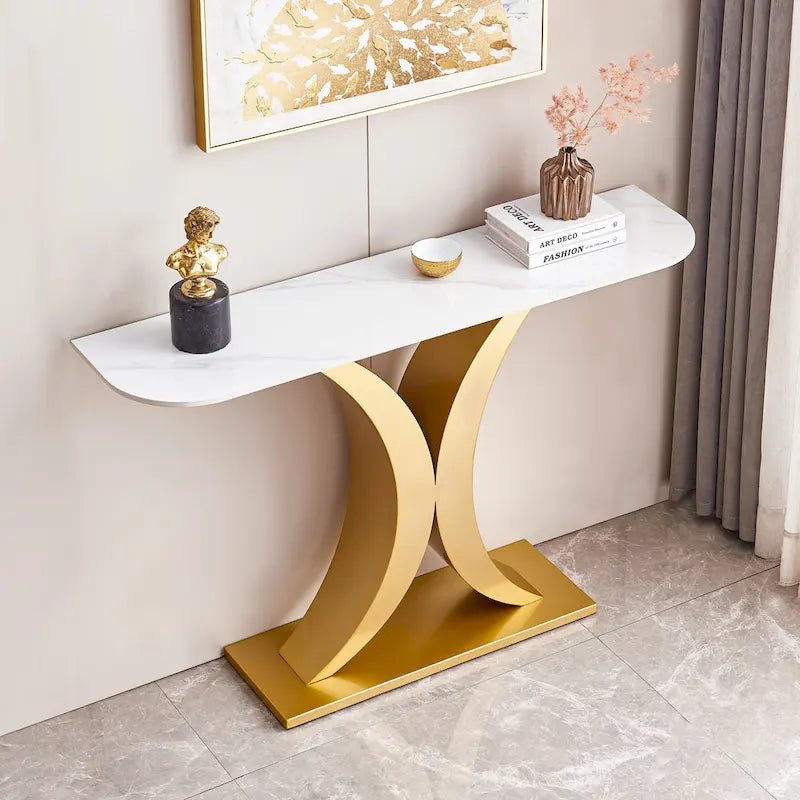 Console moderne, design aux formes raffinées, structure en métal avec patins réglables pour l’entrée