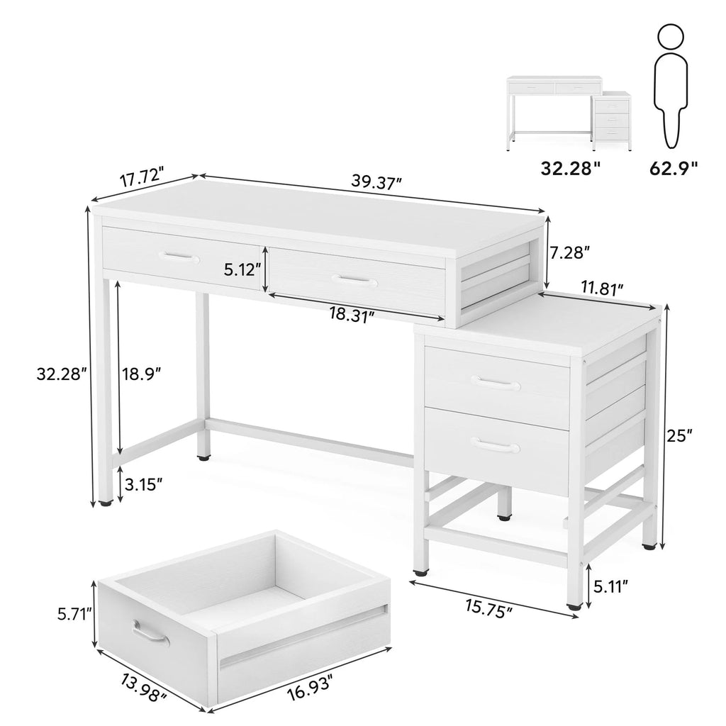 Bureau d'ordinateur réversible avec 5 tiroirs, bureau de travail à domicile avec caisson de rangement pour dossiers et support pour imprimante