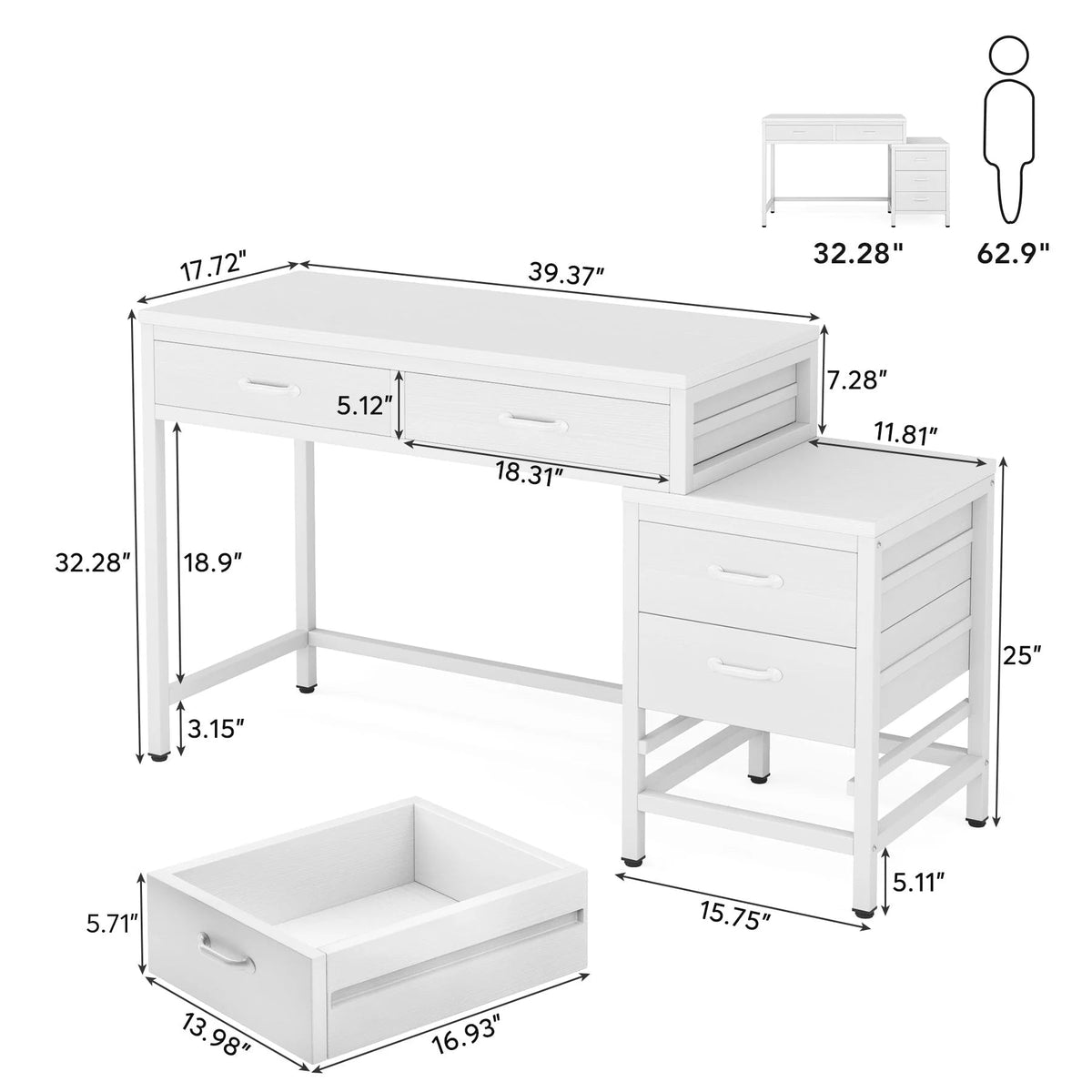 Bureau d'ordinateur réversible avec 5 tiroirs, bureau de travail à domicile avec caisson de rangement pour dossiers et support pour imprimante