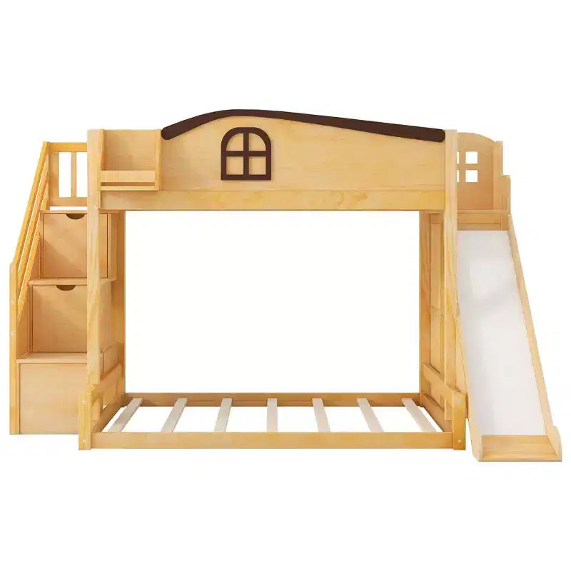 Lit superposé deux places et une place avec toboggan, étagères, escalier de rangement et armoire pour chambre d'enfant