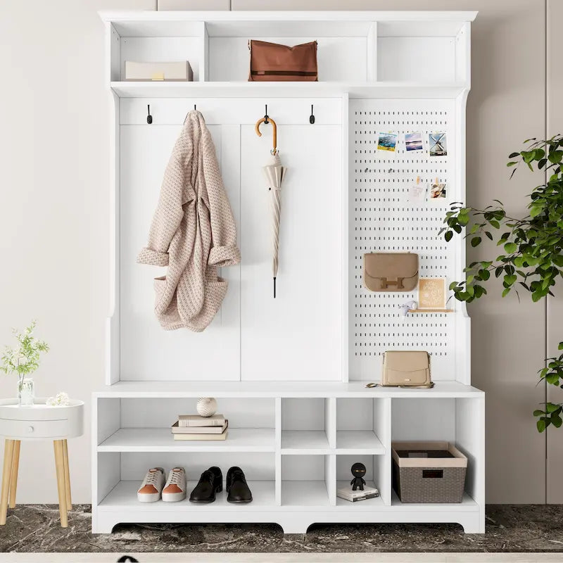 GDFStudio - Meuble d'entrée multifonctionnel Finn avec banc à chaussures, panneau perforé et grand espace de rangement