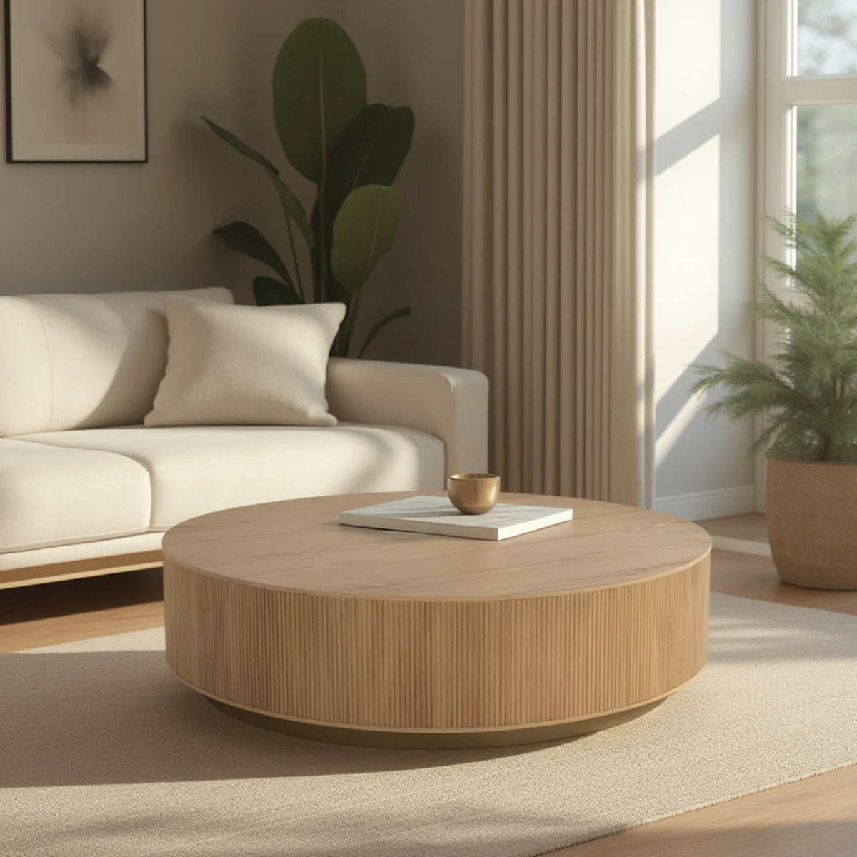 Table basse en chêne rustique avec façades cannelées | Finition or brossé