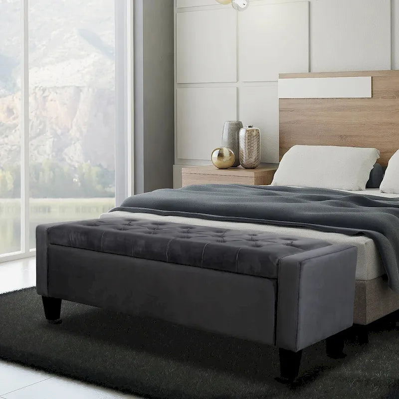 Banc de rangement capitonné en velours avec dessus rabattable