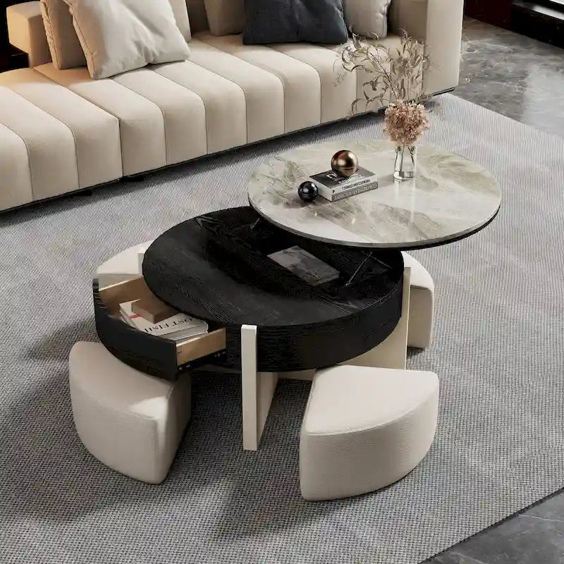 Table basse moderne de 31,5 po, table basse relevable avec 3 poufs, noire - 31,5 X 31,5