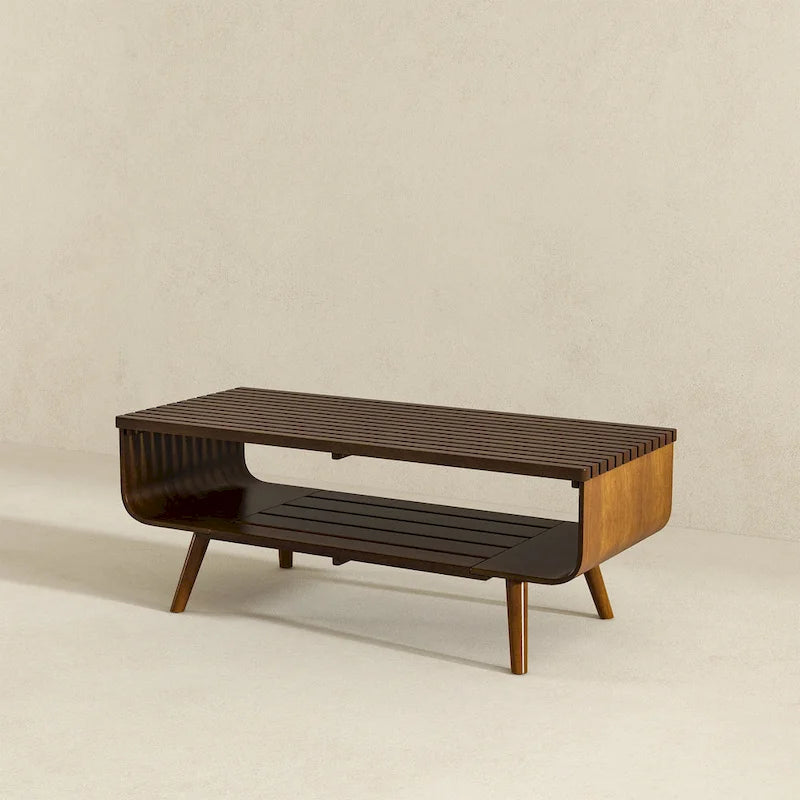 Table basse rectangulaire Adelina en bois massif de style milieu du siècle, marron