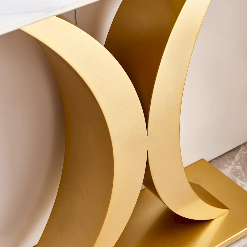 Console moderne, design aux formes raffinées, structure en métal avec patins réglables pour l’entrée