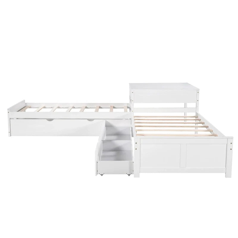 Lit plateforme moderne blanc en forme de L pour deux personnes avec lit gigogne et tiroirs pour chambre à coucher