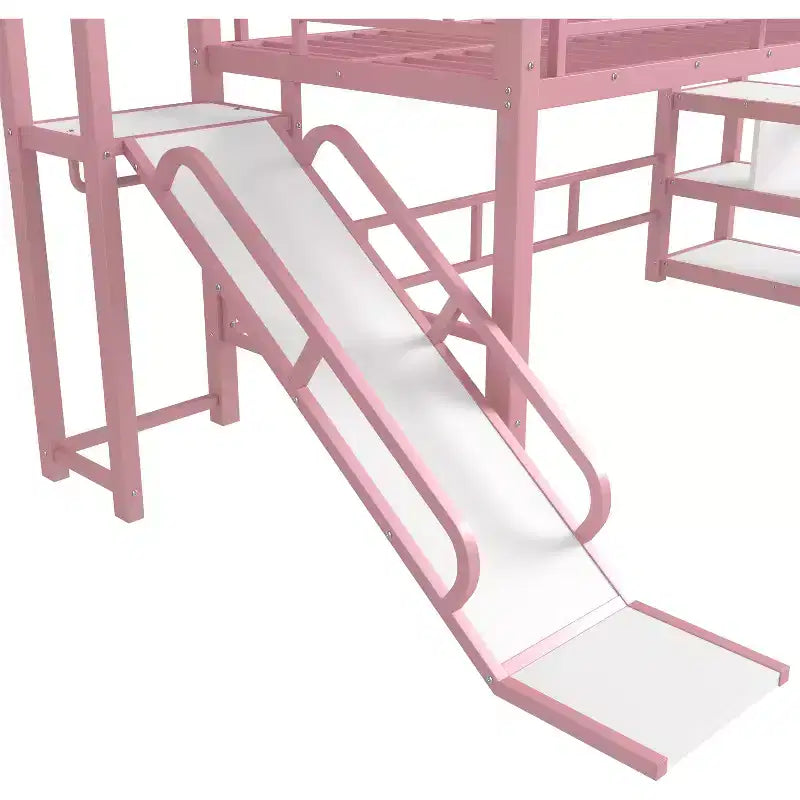 Lit mezzanine cabane avec toboggan et escalier de rangement - Cadre métallique pour enfants et adolescents