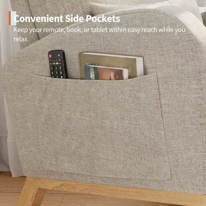 Fauteuil à bascule moderne avec oreiller et poches latérales, pour salon, chambre à coucher