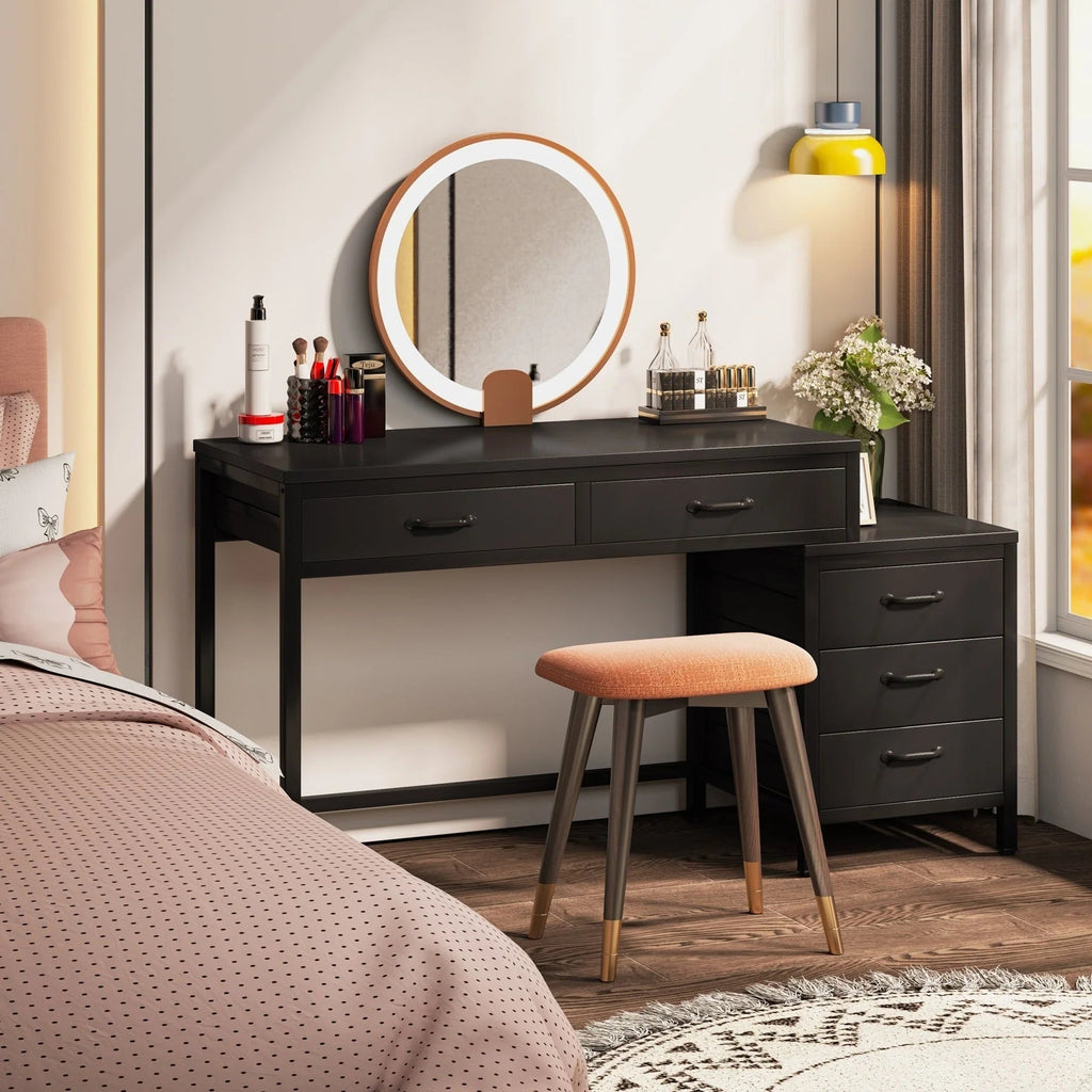 Bureau d'ordinateur réversible avec 5 tiroirs, bureau de travail à domicile avec caisson de rangement pour dossiers et support pour imprimante