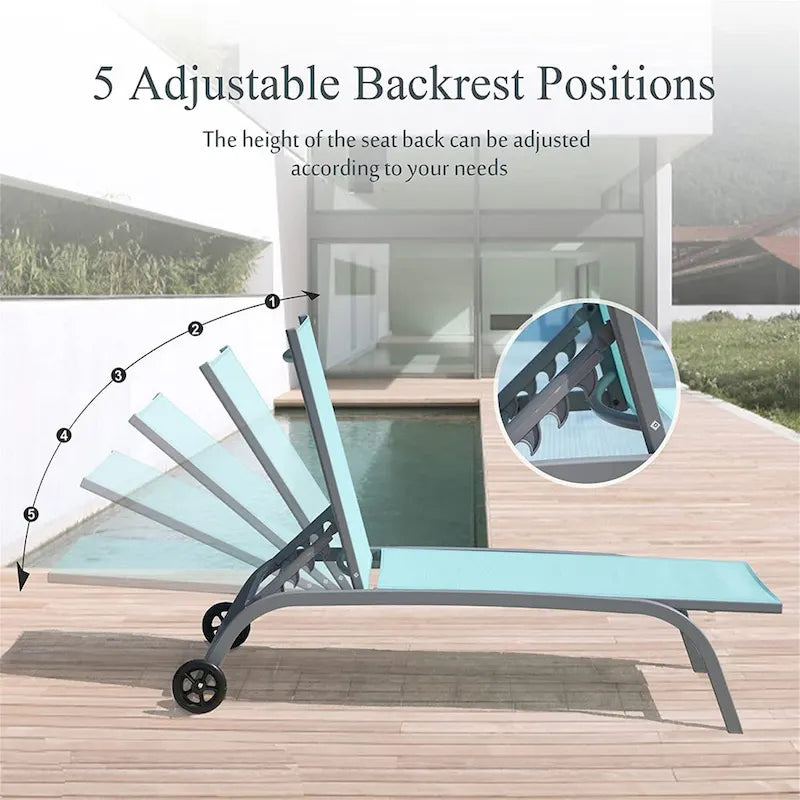 Chaise longue – Lot de 2, chaises longues avec roulettes, chaises longues avec 5 positions réglables, chaises de piscine (2 chaises longues)