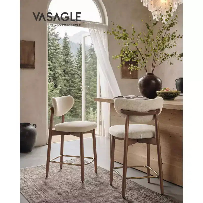 VASAGLE Tabourets de Bar en Bois, Lot de 2, Tabourets de Comptoir Rembourrés avec Pieds en Bois Massif, Dossier Ergonomique, Tissu Aspect Lin, Cappuccino