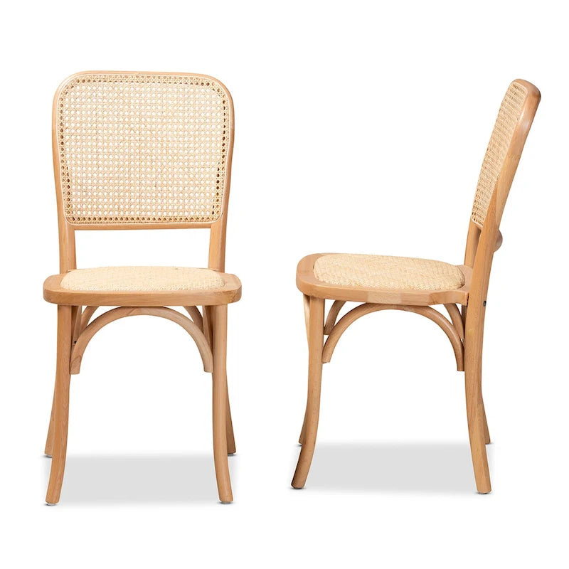 Ensemble de 2 chaises de salle à manger Neah en rotin tressé et bois, style Mid-Century Modern