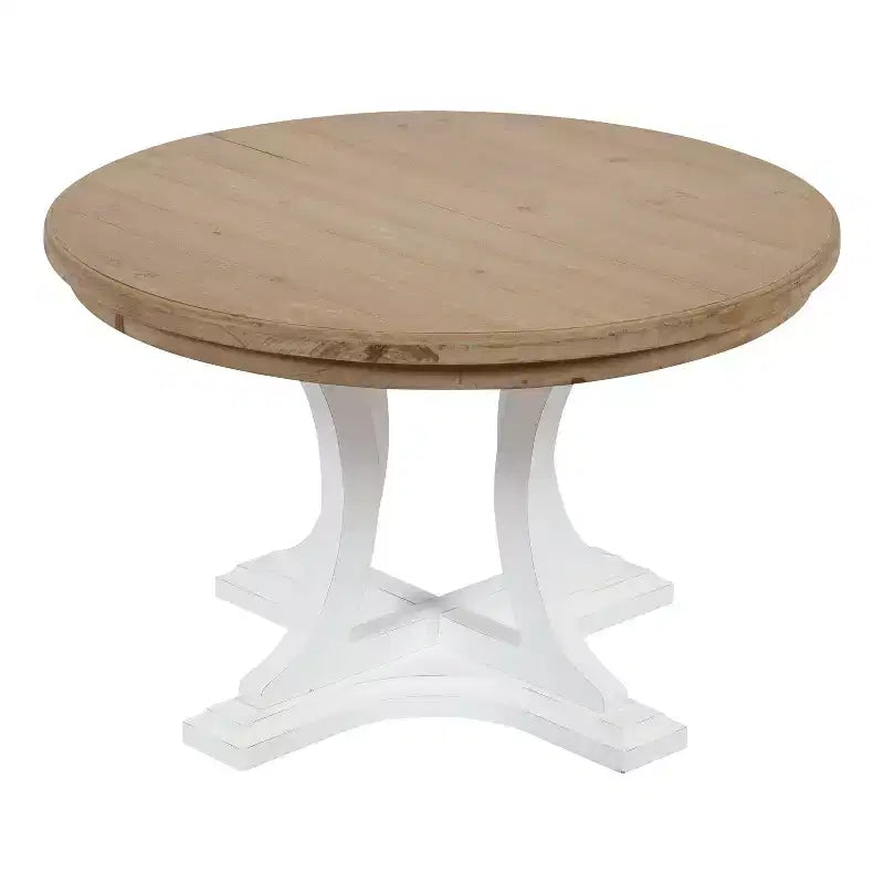 Table basse ronde en bois, marron rustique et blanc, piètement entrecroisé