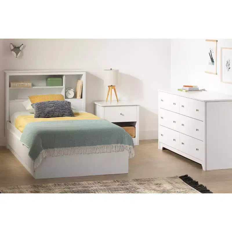 Tête de lit bibliothèque pour lit simple Vito Blanc pur - South Shore : Tête de lit moderne pour lit simple avec tablettes, panneaux de particules