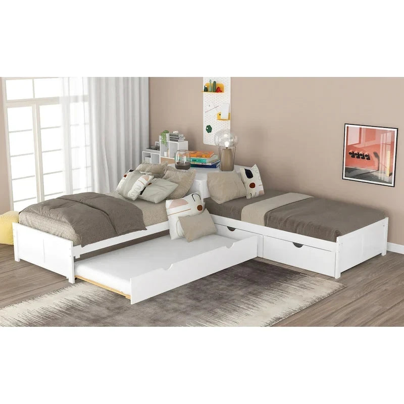 Lit plateforme moderne blanc en forme de L pour deux personnes avec lit gigogne et tiroirs pour chambre à coucher