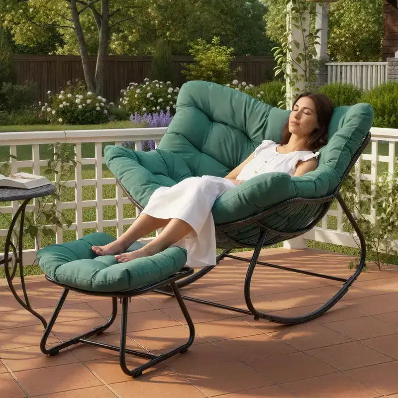 Fauteuil à bascule Heynemo pour patio avec ottoman, fauteuil à bascule œuf intérieur/extérieur avec coussins, fauteuil de salon en métal, fauteuil papasan surdimensionné, fauteuil de lecture