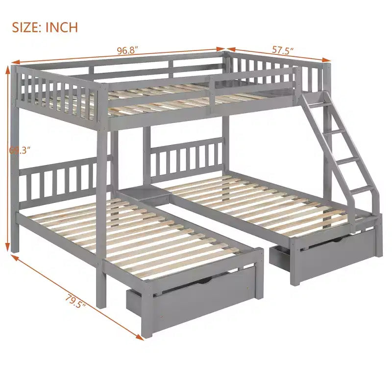 Lit superposé Triple (grand lit en haut, lits jumeaux en bas) avec 2 tiroirs de rangement, en bois, peut être séparé en 3 lits individuels