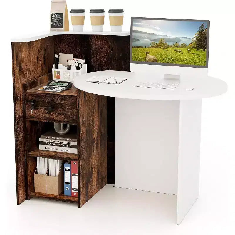Costway Comptoir de Réception Bureau de Caisse avec Étagère Ouverte et Tiroir Verrouillable Blanc/Marron/Noir
