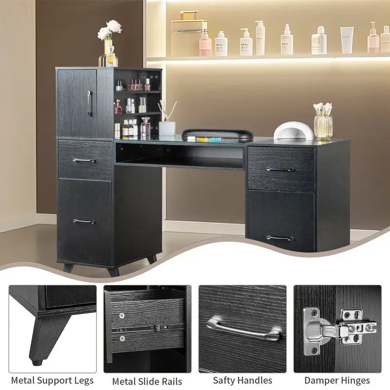 Bureau informatique de 140 cm avec étagères, tiroirs et armoire