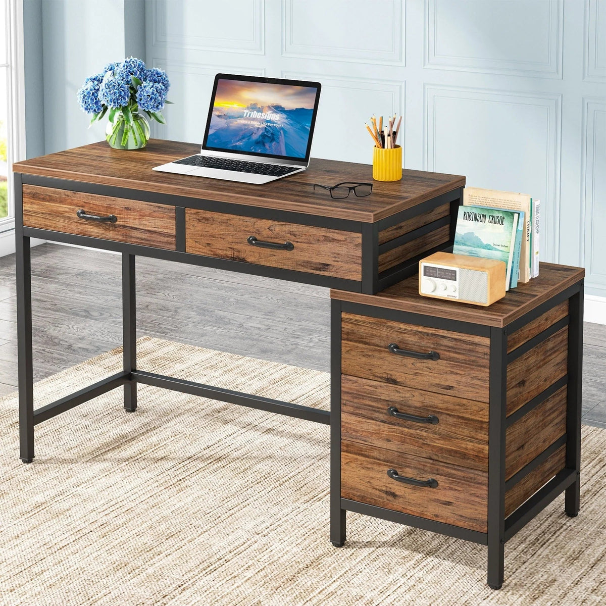 Bureau d'ordinateur réversible avec 5 tiroirs, bureau de travail à domicile avec caisson de rangement pour dossiers et support pour imprimante