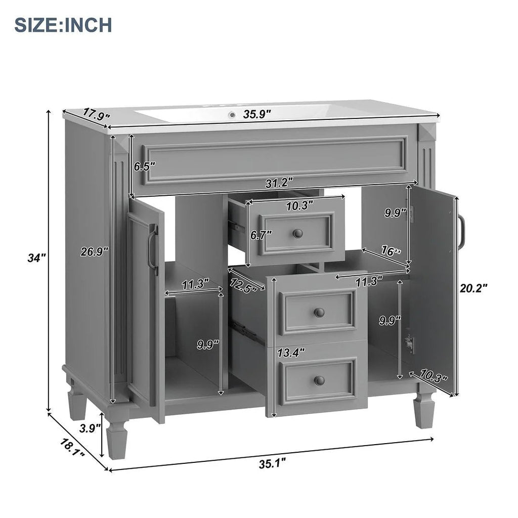 Meuble-lavabo moderne de 36 po avec vasque et armoire à miroir, 2 portes et 2 tiroirs