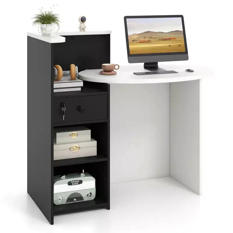 Costway Comptoir de Réception Bureau de Caisse avec Étagère Ouverte et Tiroir Verrouillable Blanc/Marron/Noir