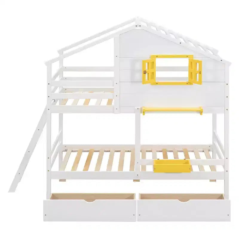 Lit superposé cabane jumeau sur jumeau avec 2 tiroirs, étagères de rangement et fenêtre