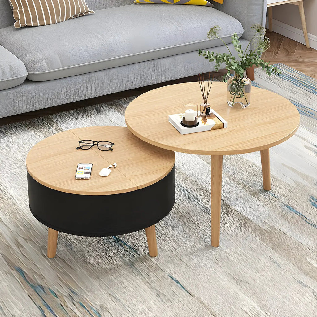 Table basse ronde moderne en bois noir et blanc avec rangement