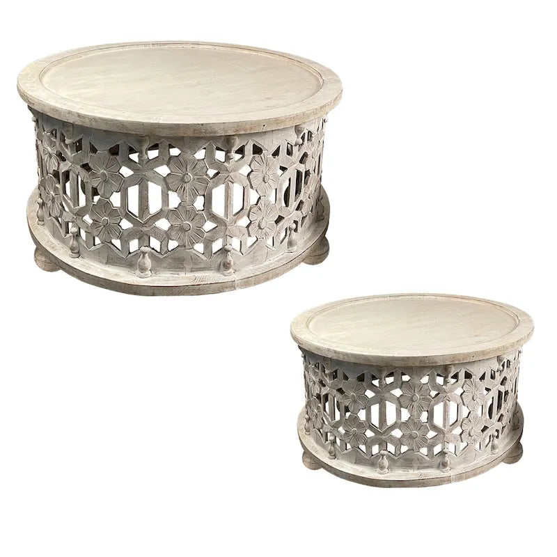 Ensemble de 2 tables basses rondes en bois de 30 pouces, motif floral sculpté, blanc antique