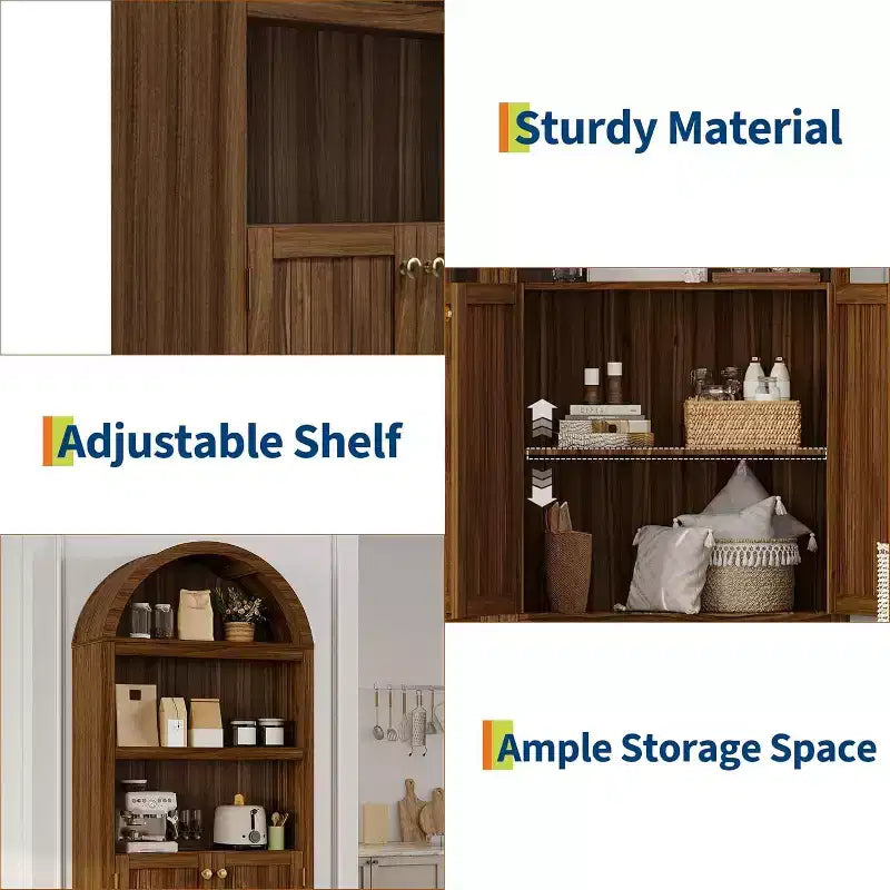 Armoire arquée haute de 183 cm, bibliothèque arquée à 5 niveaux avec doubles portes et étagère réglable, bibliothèque en bois avec rangement pour bureau à domicile