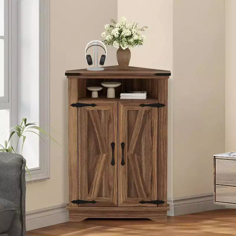 Armoire de rangement d'angle avec porte de grange, armoire d'angle de style ferme sur pied avec étagères réglables, armoire de rangement pour bureau à domicile