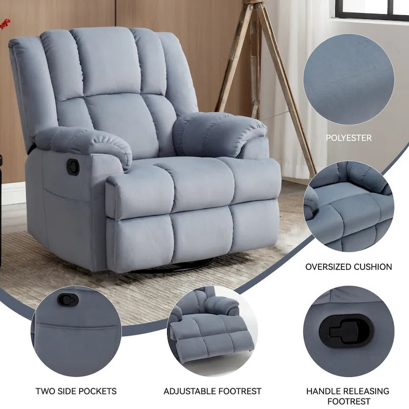 Fauteuil inclinable pivotant et à bascule en tissu Lazy Boy, grand fauteuil berçant manuel rembourré à l’excès avec accoudoirs à coussinet et dossier rembourré