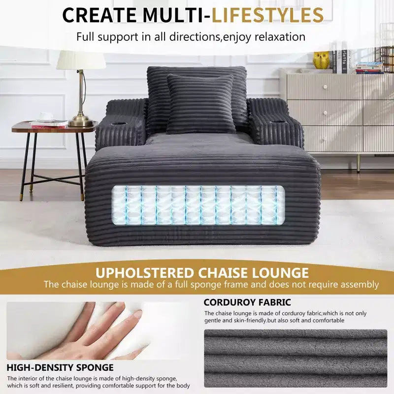 Chaise longue de 170 cm, canapé-lit d'intérieur avec 2 coussins, canapé monoplace sans structure pour salon, aucun assemblage requis