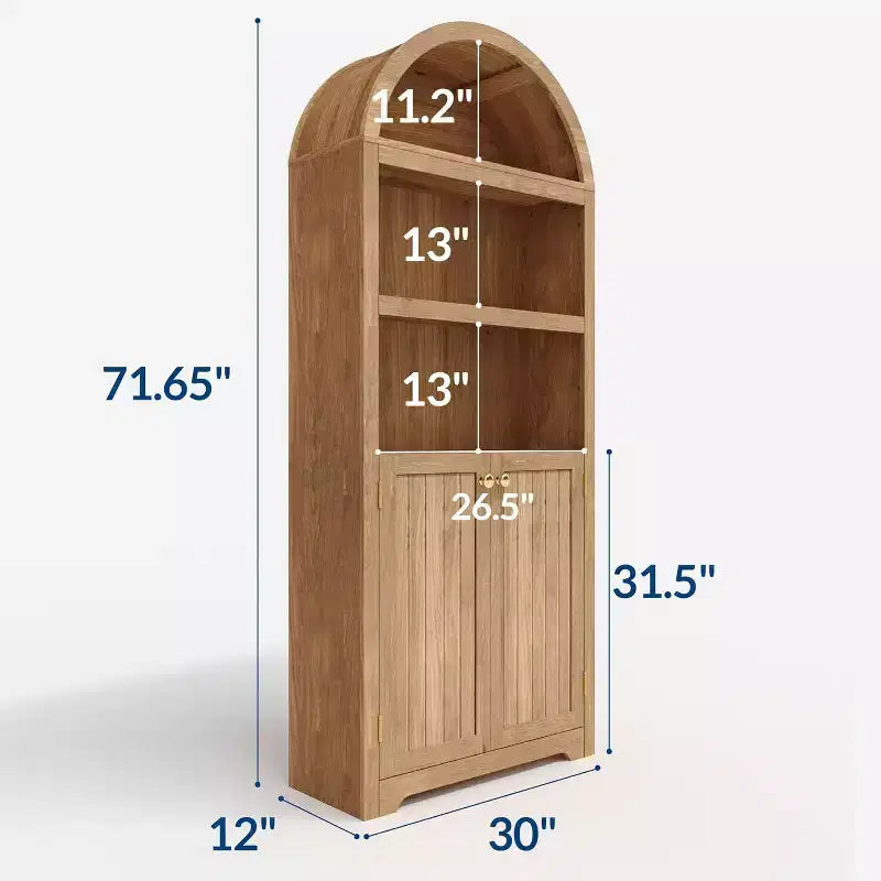 Armoire arquée haute de 183 cm, bibliothèque arquée à 5 niveaux avec doubles portes et étagère réglable, bibliothèque en bois avec rangement pour bureau à domicile