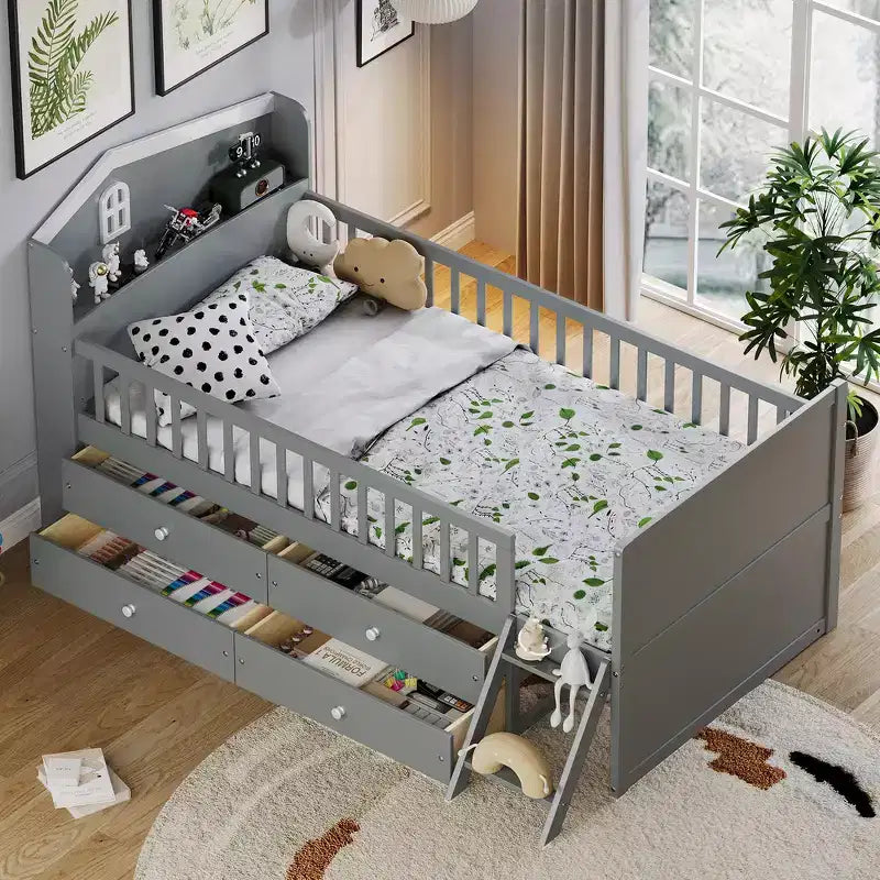 Lit double en bois Whisen, lit plateforme avec 4 tiroirs de rangement, tête de lit avec barrière de protection et échelle