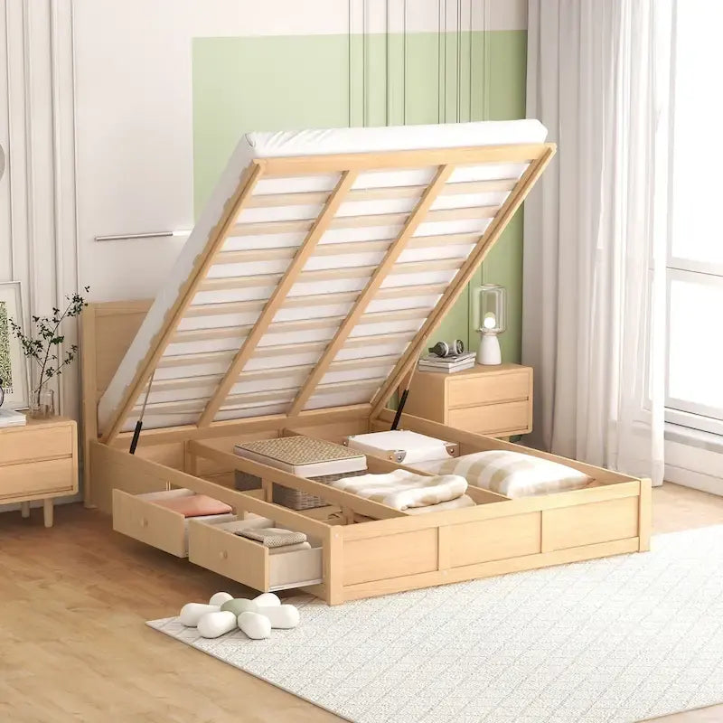 Lit plateforme en bois avec rangement inférieur et 2 tiroirs