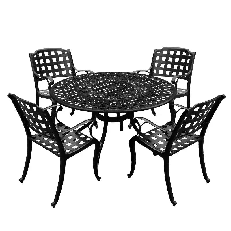 Ensemble de salle à manger de patio 5 pièces avec table ronde en maille d'aluminium ornée de 48 po et chaises à damier - Noir - Oakland Living : résistant aux UV, résistant à la moisissure