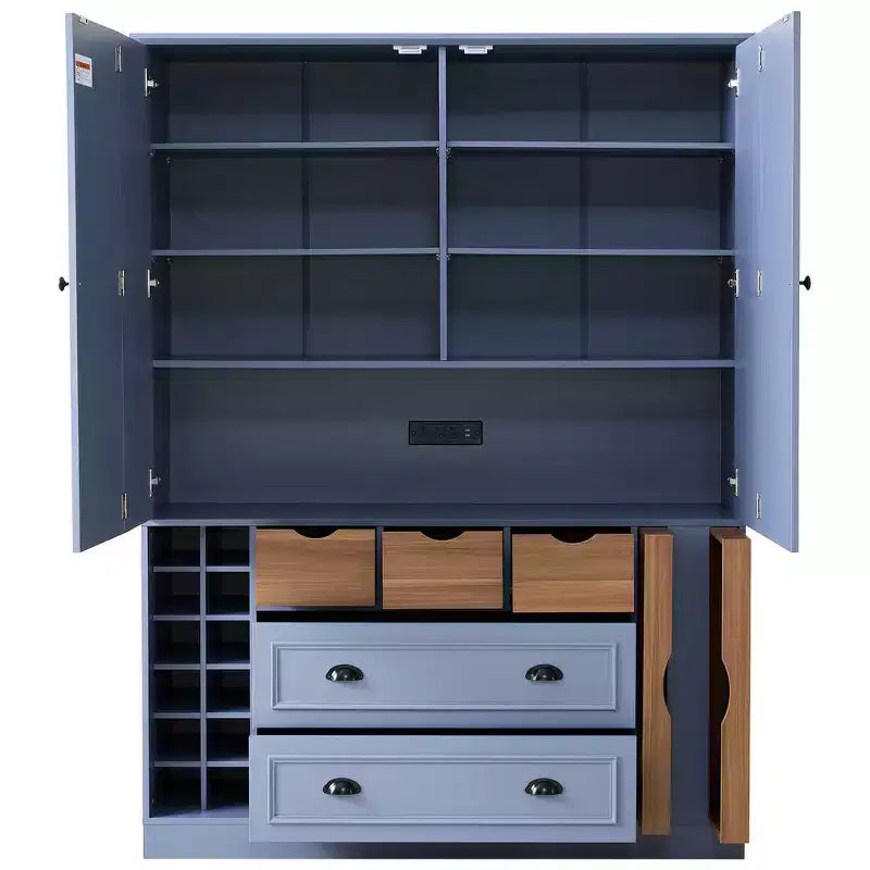 Armoire de cuisine autoportante haute Whisen 71, grand buffet de rangement pour salle à manger avec 4 portes pliantes, étagères et casiers à vin