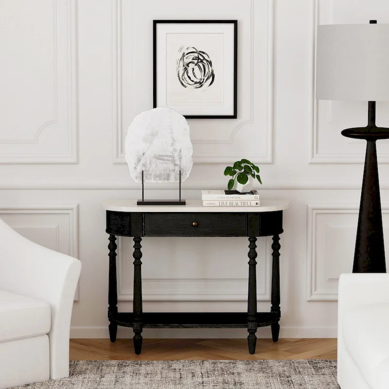 Table console avec plateau en marbre – Brun clair / Gris / Noir délavé, demi-lune, montage par une personne